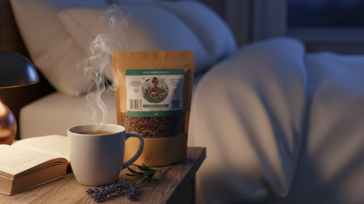 Dimly lit bedroom with cup of tea that is good for your sleep on nightstand