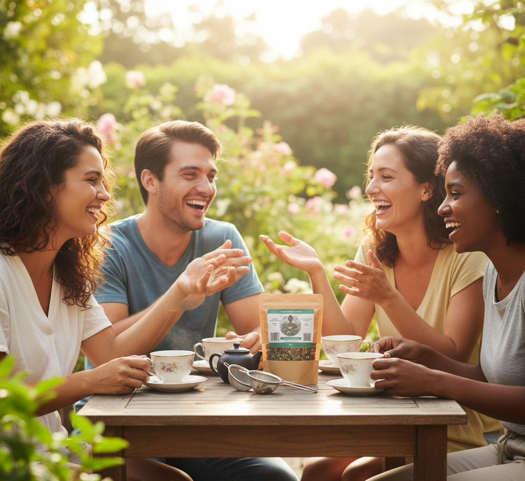 Four friends sitting around a table outdoors, enjoying tea and conversation.