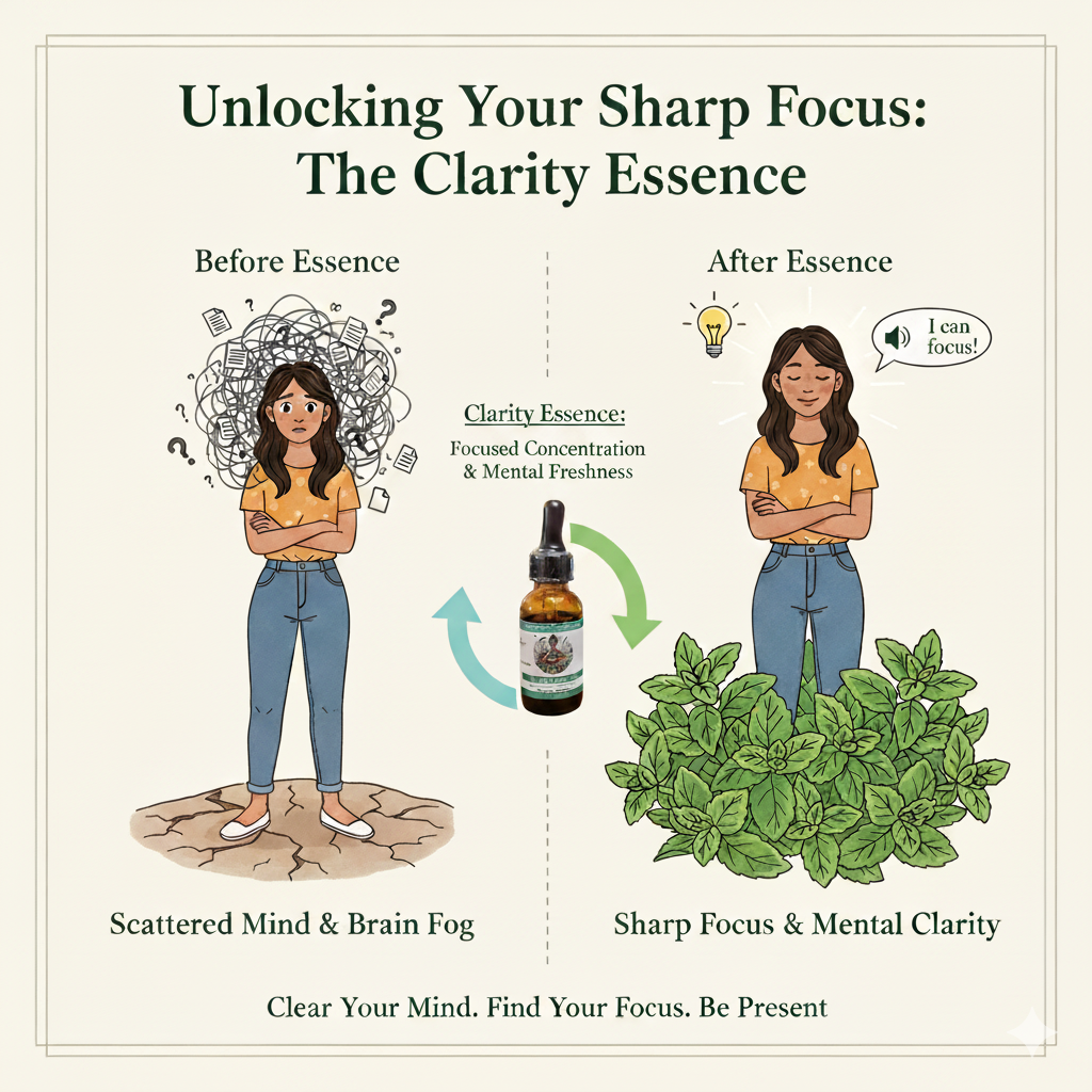 Illustration of a woman before and after using Clarity Essence, with text and graphics explaining the product's effects.
