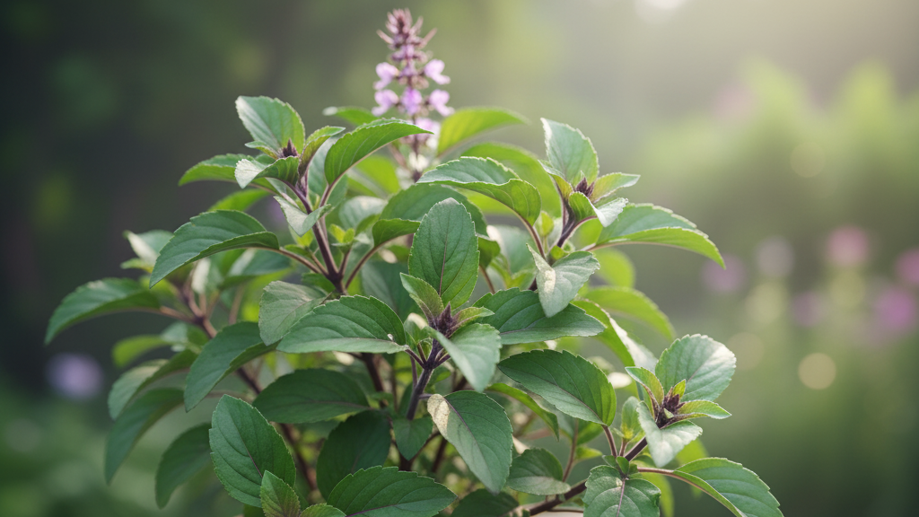 Fresh Tulsi Holy Basil plant showing leaves used in Calm Spirit Tonic