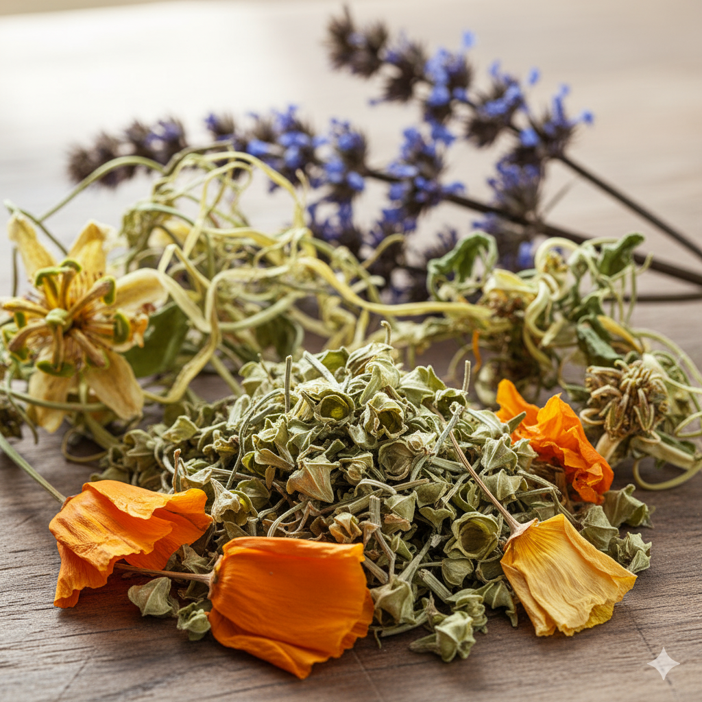 Fresh organic herbs in Comfort & Ease Tonic