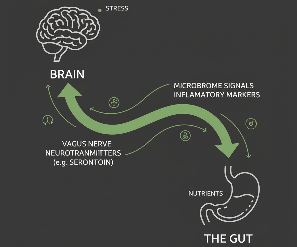 Diagram showing gut-brain axis and how tea that is good for your gut affects both systems