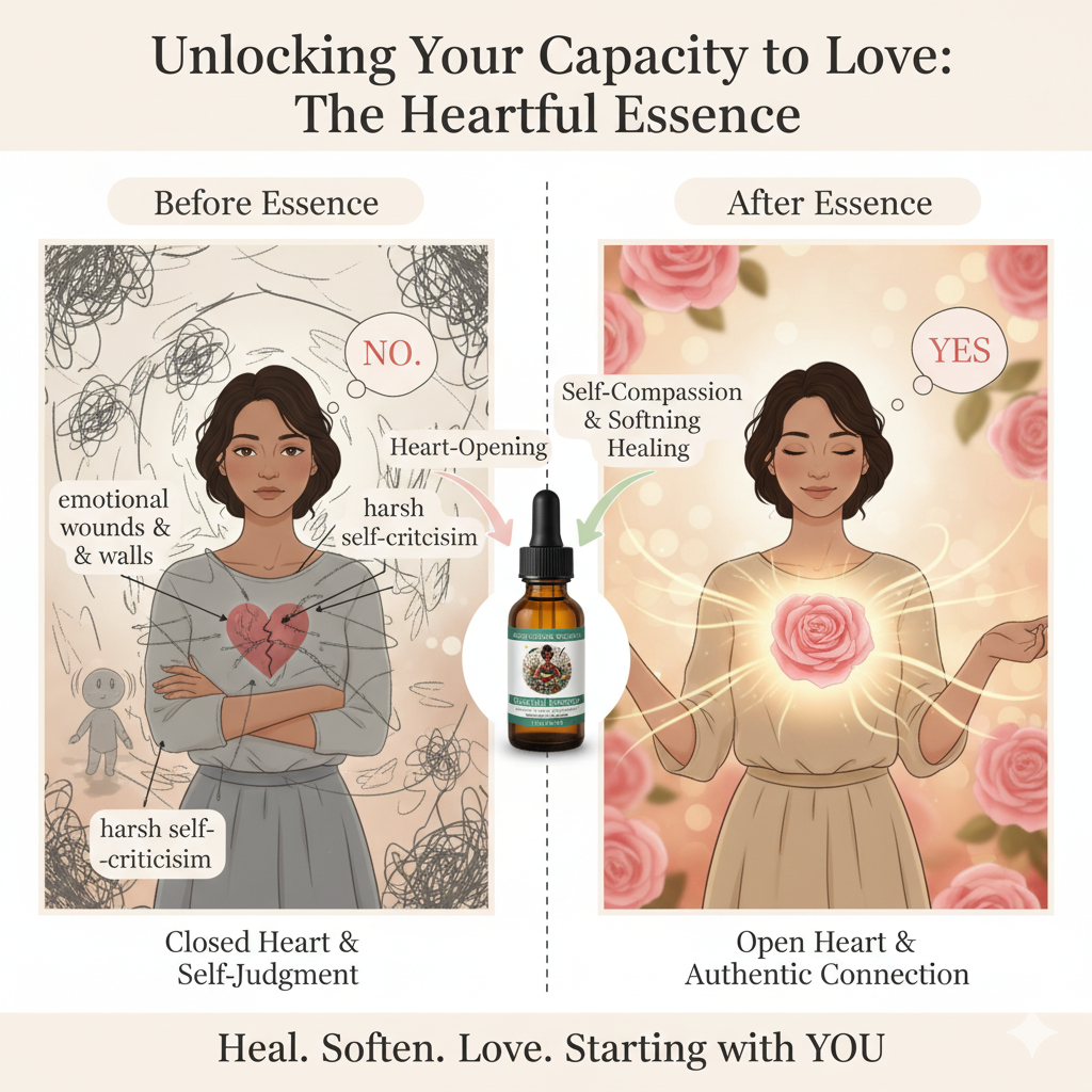 Illustration showing a transformation from 'Before Essence' to 'After Essence' with a woman and a bottle labeled 'The Heartful Essence'.