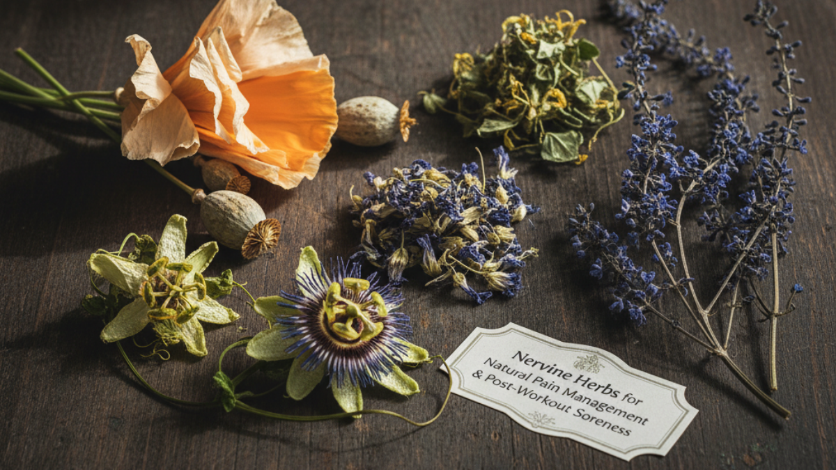 Dried nervine herbs California poppy, skullcap, passionflower, and blue vervain used for natural pain management and soreness after workout
