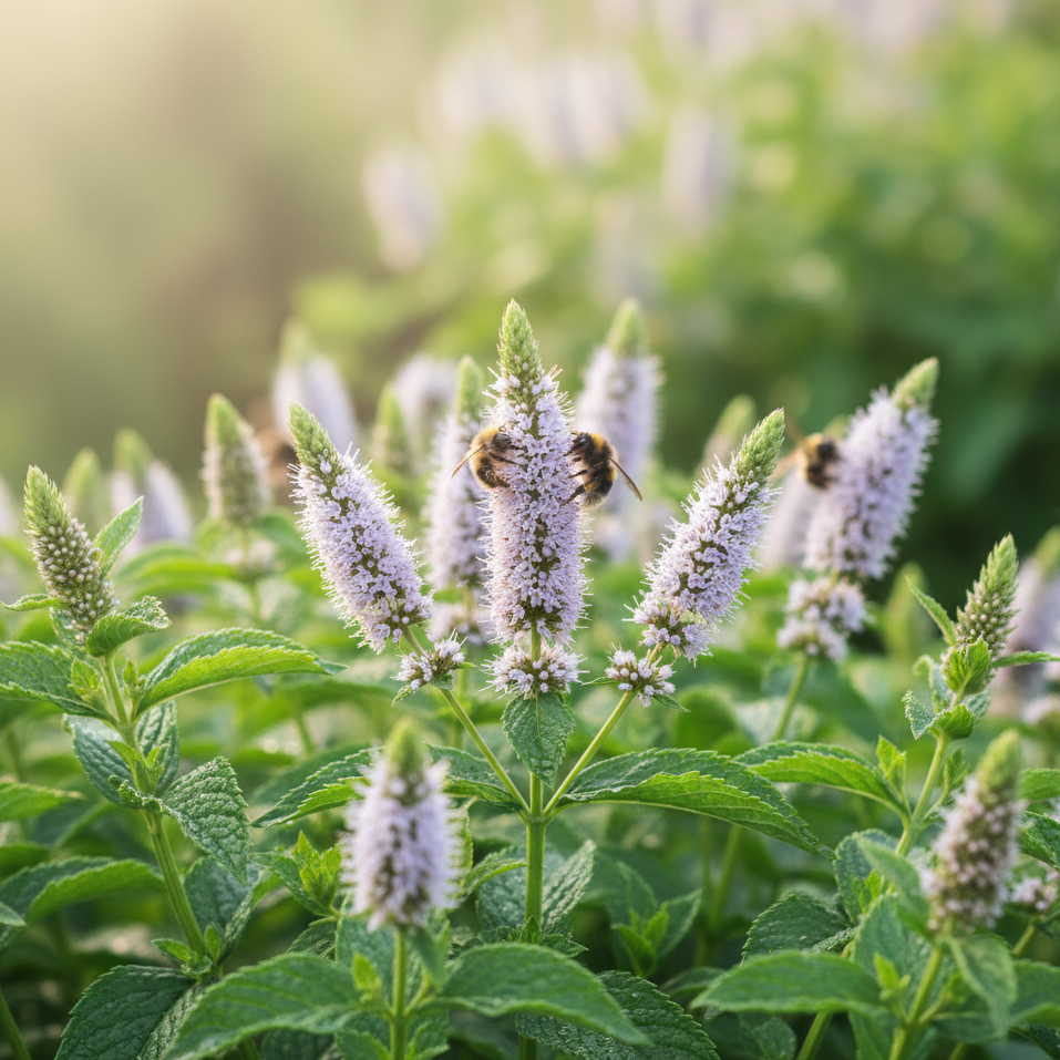 Blossoming plants with white flowers and green leaves, with a soft focus background.