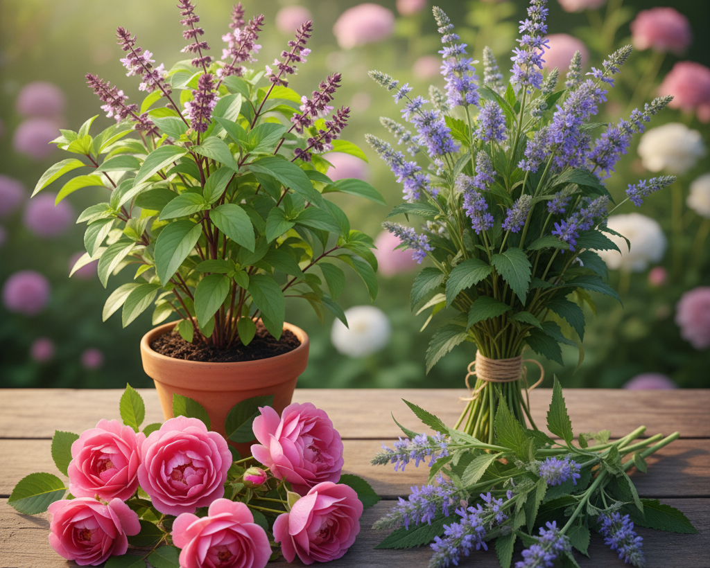 The four herbs in Calm Spirit Tonic: Tulsi, Blue Vervain, Rose, and Motherwort