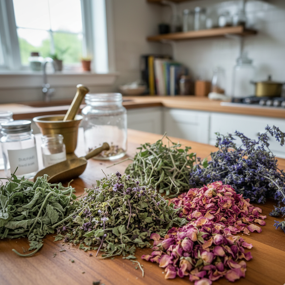 Fresh organic herbs in Calm Spirit Tonic