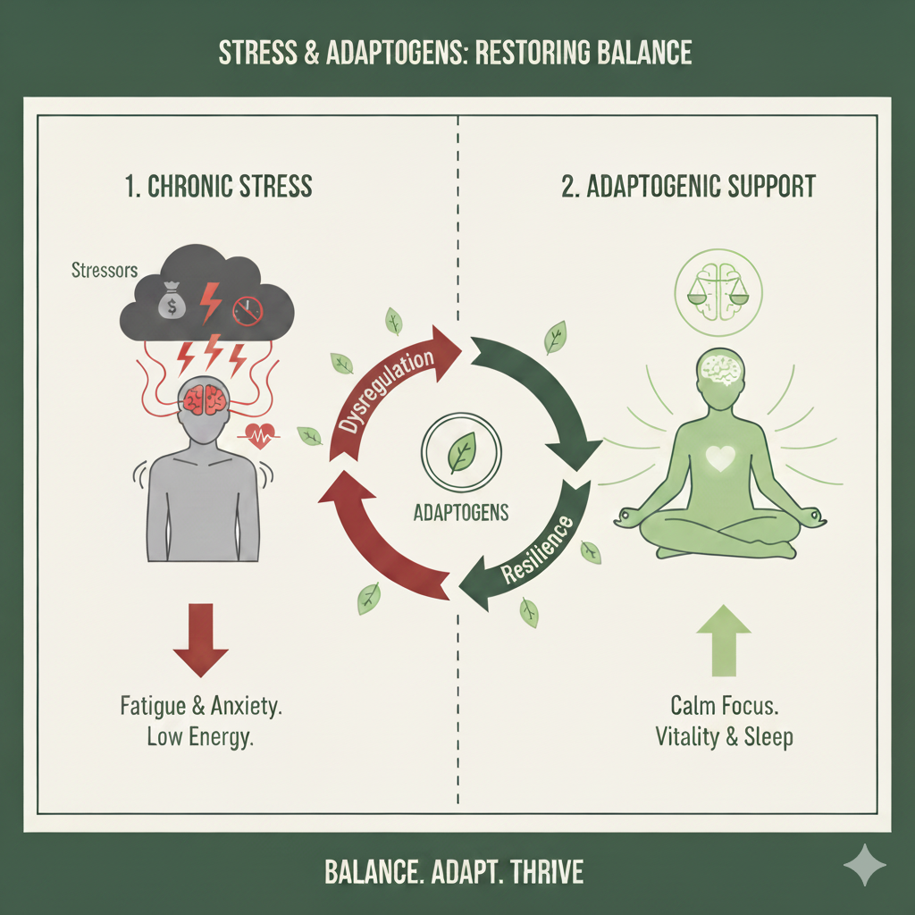 Diagram showing nervous system dysregulation from chronic stress and adaptogen support