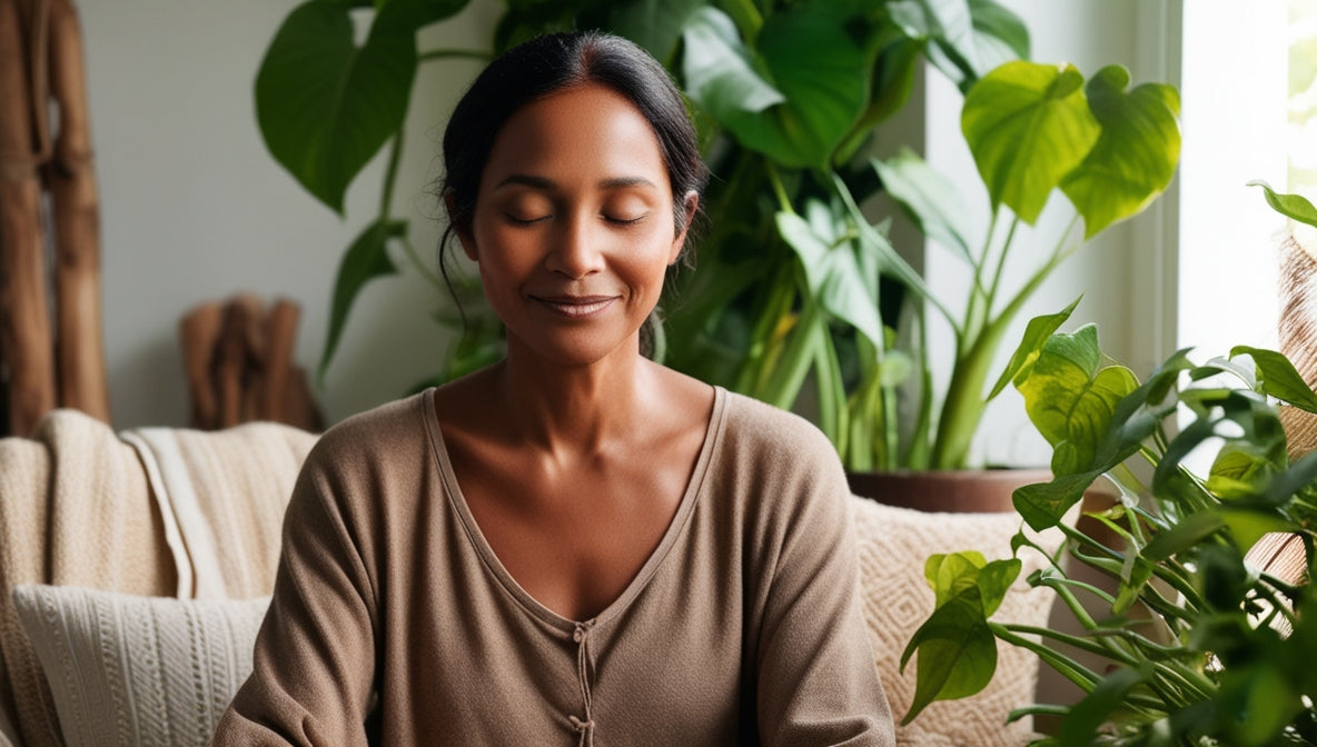 Woman using flower essence drops under tongue for emotional wellness and anxiety relief