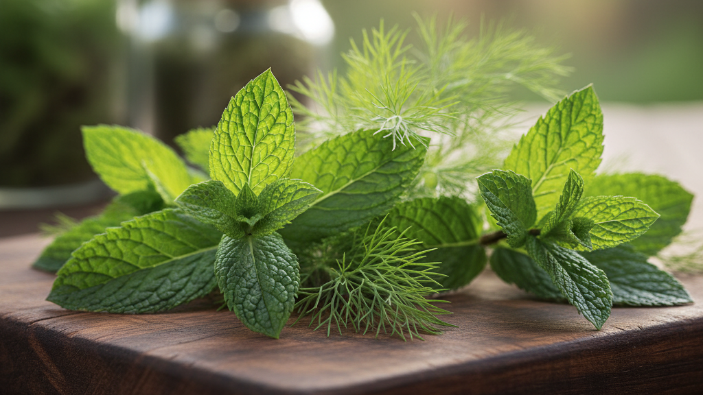 Fresh organic peppermint and fennel leaves used in tea that is good for your gut