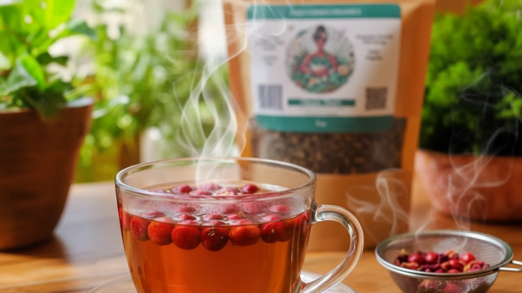 Happy Heart Tea organic herbal blend for cardiovascular health showing hawthorn berries and rose petals in tea cup