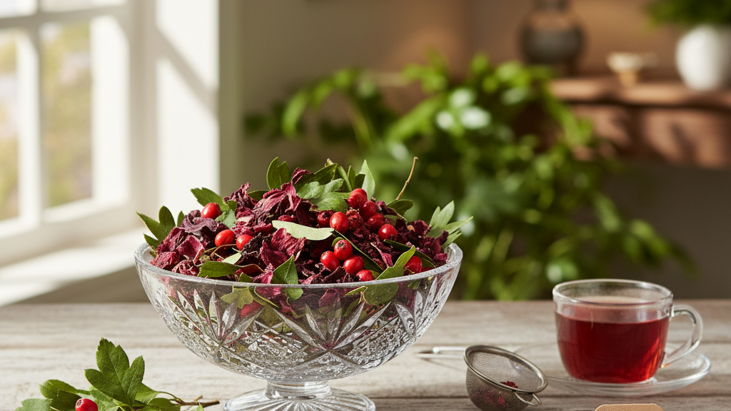 Organic whole leaf herbs for tea that is good for you showing quality dried hawthorn hibiscus and rose