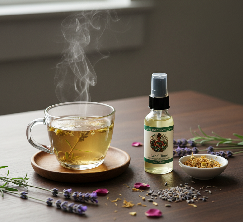 Gaia's Garden Organics Healing Hypnotic tea package with fresh lavender and candle representing calming ritual with tea that is good for your skin