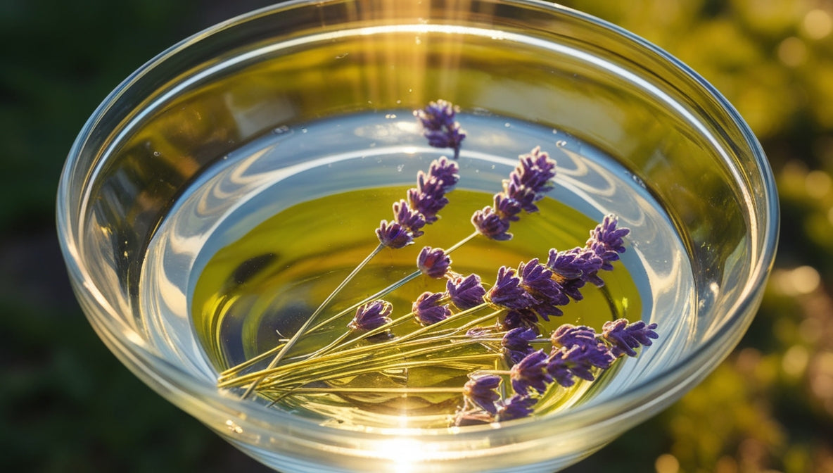 Flower essence sun infusion preparation method showing fresh flowers in spring water under sunlight